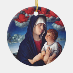 Virgin Mary with Baby Jesus and red cherubs Ceramic Tree Decoration