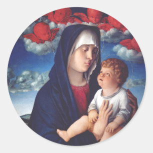 Virgin Mary with Baby Jesus and red cherubs Classic Round Sticker