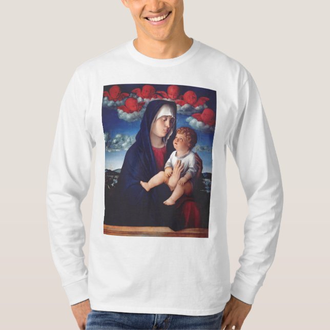 Virgin Mary with Baby Jesus and red cherubs T-Shirt (Front)
