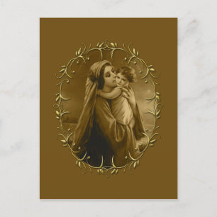 Virgin Mary with Child Jesus, Gold Border Design Holiday Postcard
