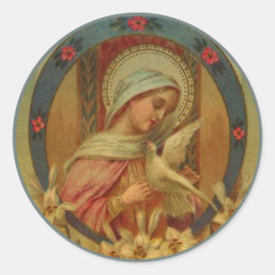 Virgin Mary with doves, lily & roses Classic Round Sticker