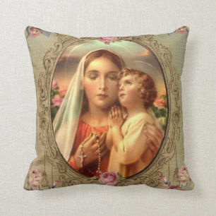 Virgin Mother Mary Baby Jesus Gold Rosary Roses Cushion