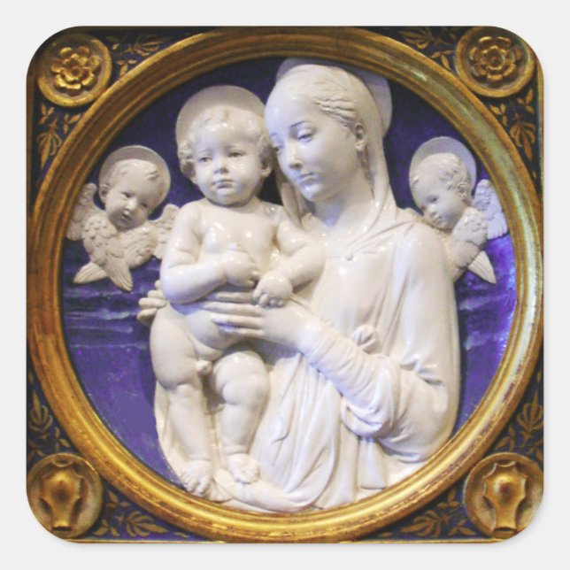 VIRGIN WITH CHILD AND ANGELS Blue White Christmas Square Sticker (Front)