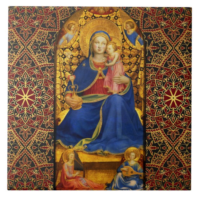 VIRGIN WITH CHILD AND ANGELS, Red Blue Gold Xmas Tile (Front)