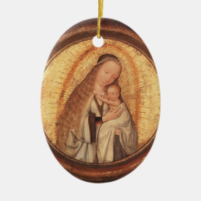 VIRGIN WITH CHILD  GOLD AND RED RUBY CERAMIC TREE DECORATION (Front)