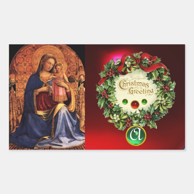 VIRGIN WITH CHILDAND SAINTS MONOGRAM Green Emerald Rectangular Sticker (Front)