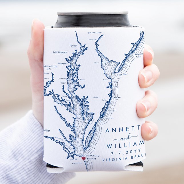 Virginia Beach Minimal Modern Wedding Favour Can Cooler (Virginia Beach Wedding Can Coozie Favor in modern navy blue from Coastal Map Designs)