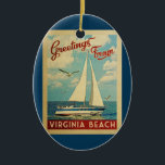 Virginia Beach Sailboat Vintage Travel Virginia Ceramic Tree Decoration<br><div class="desc">This Greetings From Virginia Beach Virginia vintage travel nautical design features a boat sailing on the water with seagulls and a blue sky filled with gorgeous puffy white clouds.</div>