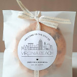 Virginia Beach Skyline | Wedding Welcome Favour Classic Round Sticker<br><div class="desc">Enhance your wedding welcome packages or event party favours with a custom set of welcome stickers! These elegant yet minimal-style stickers are tailored for a wedding taking place in the beautiful city of Virginia Beach. They feature a modern deco skyline with the name of the city integrated underneath. All elements...</div>
