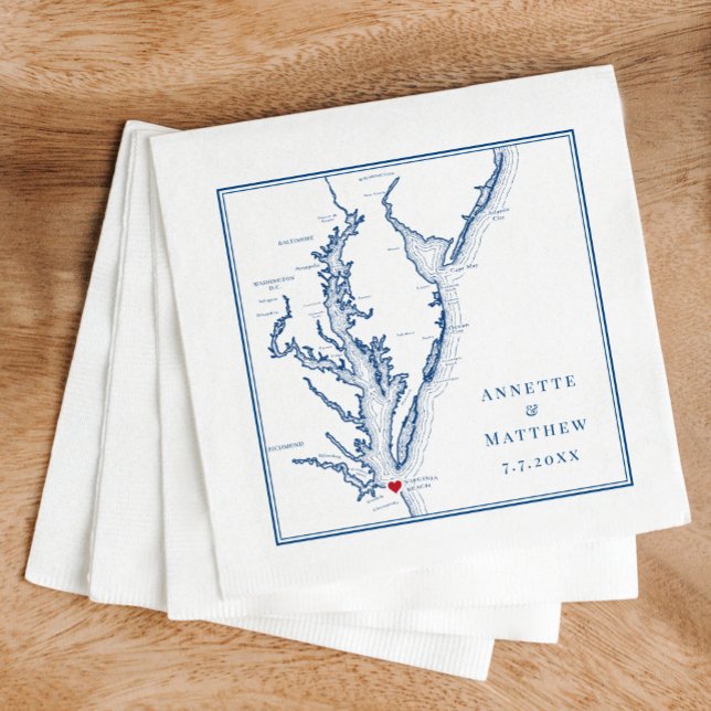 Virginia Beach VA Elegant Navy Blue Map Wedding Napkin (These Virginia Beach map cocktail napkins are perfect for your Chesapeake Bay destination wedding)