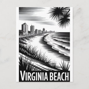 Virginia Beach Virginia Black White Woodcut Skylin Holiday Postcard