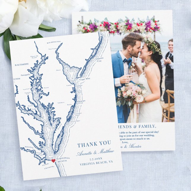 Virginia Beach Wedding Flat Thank You Card (Virginia Beach Wedding thank you cards with your photo on the back)