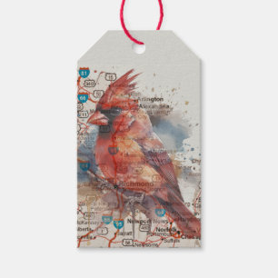 Virginia Cardinal Road Map Watercolor Art Gift Tags