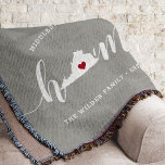 Virginia Home State Personalised Throw Blanket<br><div class="desc">Show some home state pride with this cute rustic grey throw blanket featuring "home" in white calligraphy script lettering with a silhouette map of the state of Virginia standing in for the letter "O." A red heart illustration inside the state map completes the design; you can change the position of...</div>