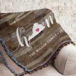 Virginia Home State Personalised Wood Look Throw Blanket<br><div class="desc">Show some home state pride with this cute rustic faux wood plank throw blanket featuring "home" in white calligraphy script lettering with a silhouette map of the state of Virginia standing in for the letter "O." A pink heart illustration inside the state map completes the design; you can change the...</div>