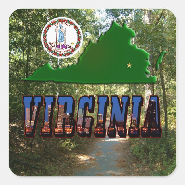 Virginia Map, State Seal, Picture Text Square Sticker (Front)