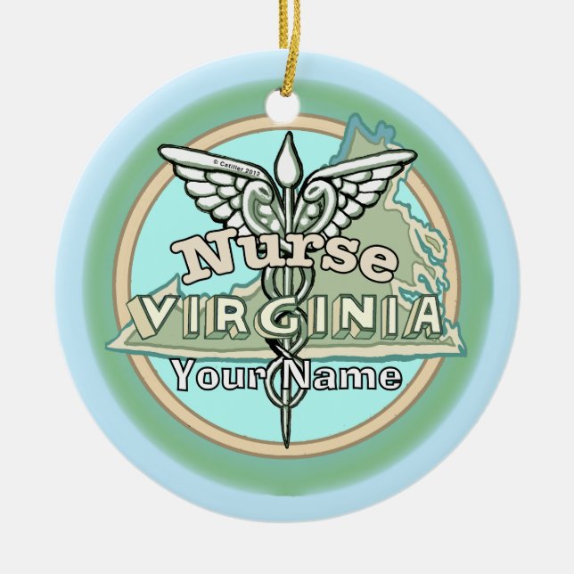 Virginia Nurse Caduceus Ceramic Tree Decoration (Front)