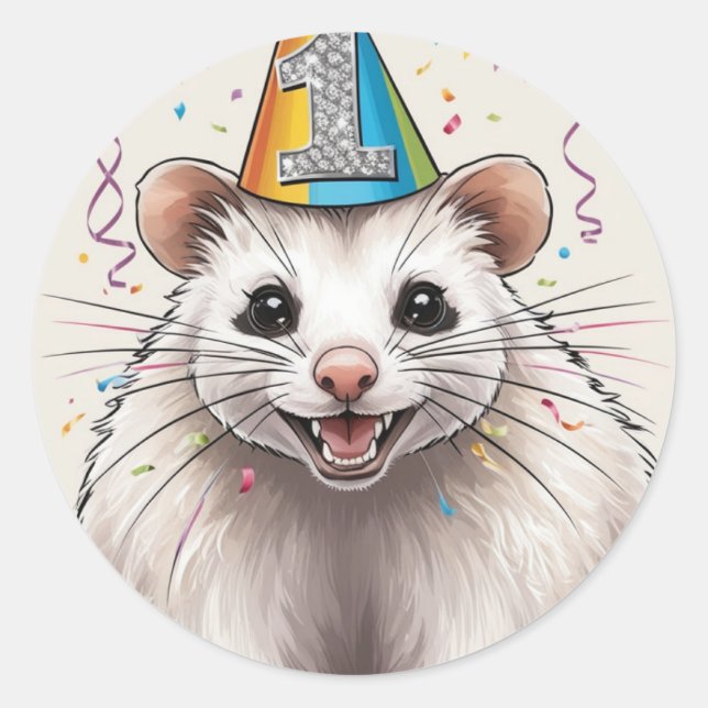 Virginia Opossum wearing birthday hat  Classic Round Sticker (Front)
