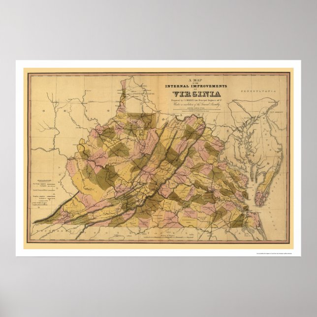 Virginia Railroad & Town Map 1848 Poster (Front)