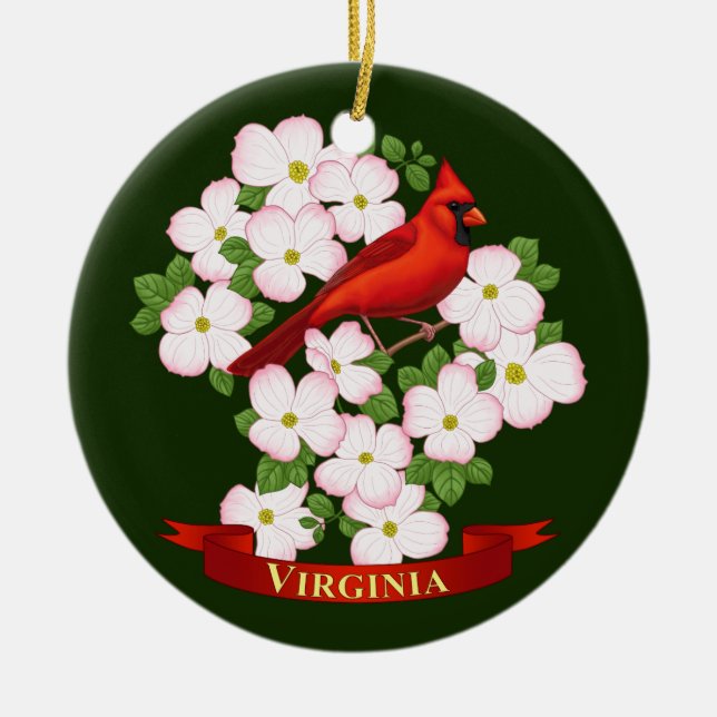 Virginia State Cardinal Bird and Dogwood Flower Ceramic Tree Decoration (Front)