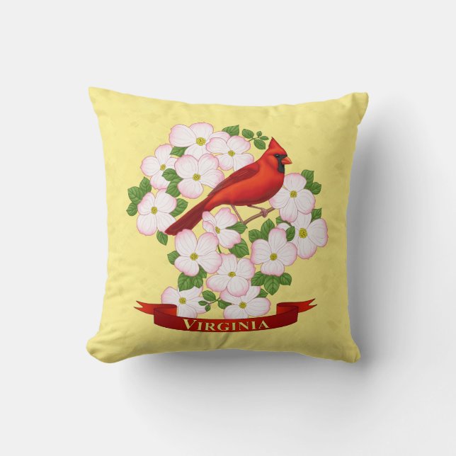 Virginia State Cardinal Bird and Dogwood Flower Cushion (Front)