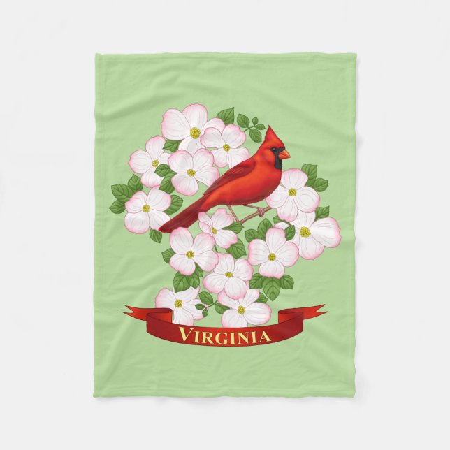Virginia State Cardinal Bird and Dogwood Flower Fleece Blanket (Front)