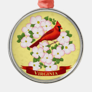 Virginia State Cardinal Bird and Dogwood Flower Metal Tree Decoration