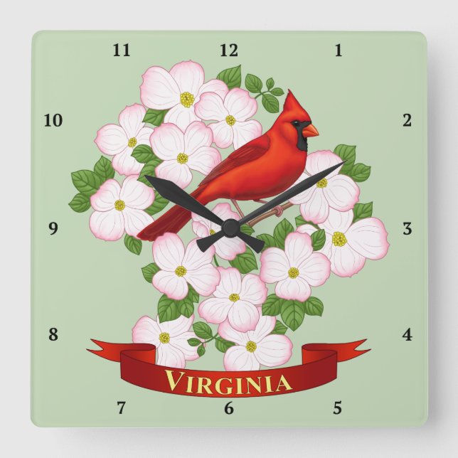 Virginia State Cardinal Bird and Dogwood Flower Square Wall Clock (Front)