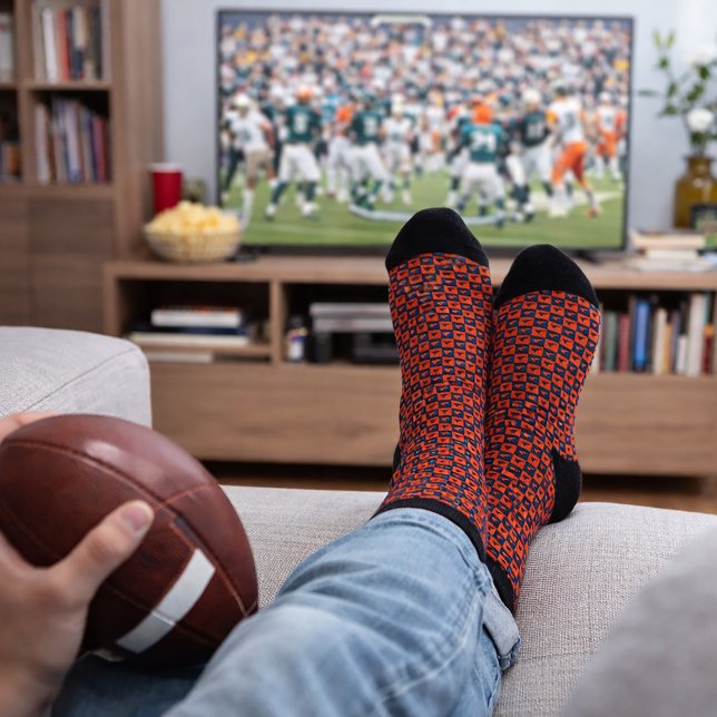 Virginia US State Pop Art Pattern Orange Blue Socks (A pair of socks featuring Virginia pattern in a blue and orange color scheme.)