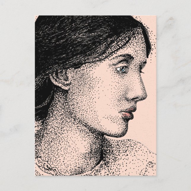Virginia Woolf Ink Drawing Colourized Postcard (Front)