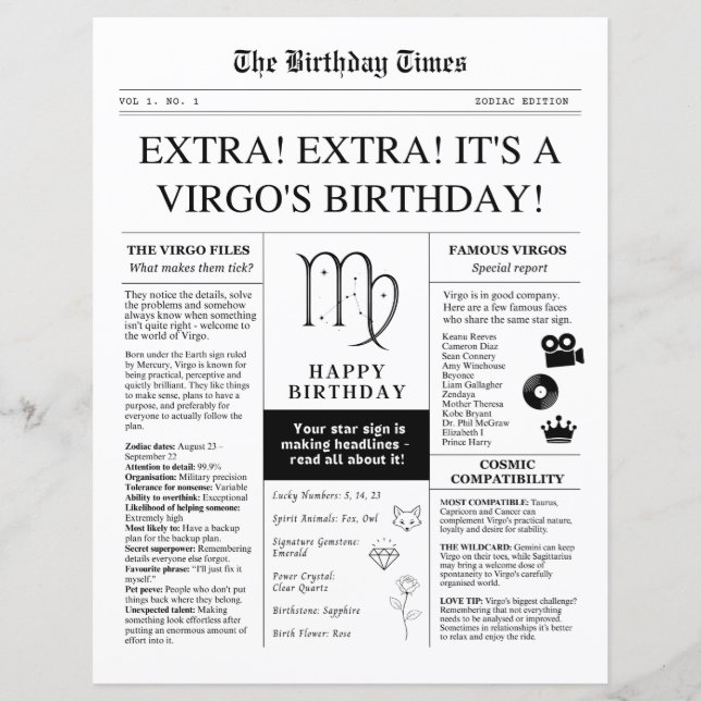 Virgo Birthday Newspaper, fun zodiac paper sheet (Front)