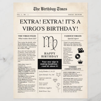 Virgo Birthday Newspaper, Sepia zodiac paper sheet