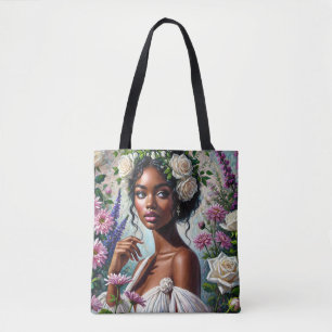 Virgo Black Woman with Roses and Chrysanthemums Tote Bag