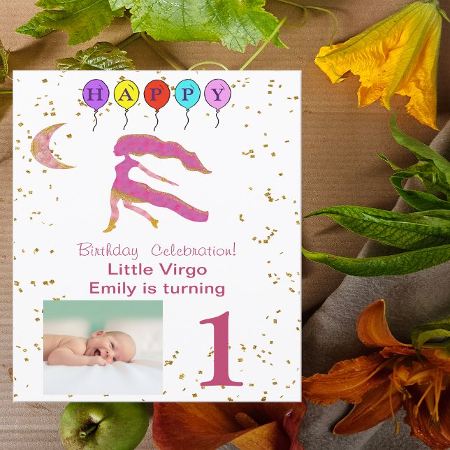 Virgo First Birthday Gold, Balloons & Photo Invitation (Creator Uploaded)