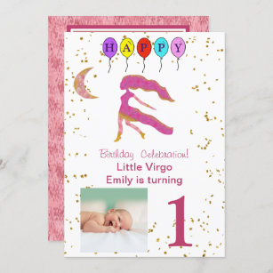 Virgo First Birthday Gold, Balloons & Photo Invitation