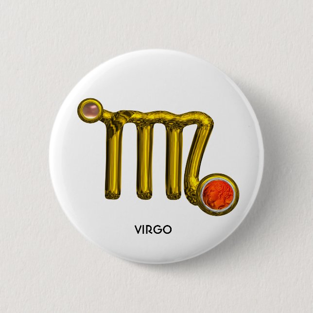 VIRGO / GOLD ORANGE AGATE ZODIAC SIGN JEWEL 6 CM ROUND BADGE (Front)