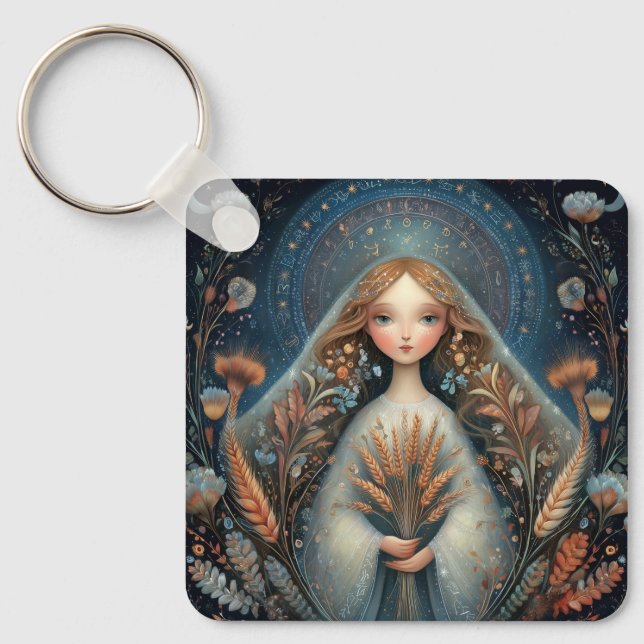 Virgo Maiden Zodiac Astrology Celestial Birthday Key Ring (Front)