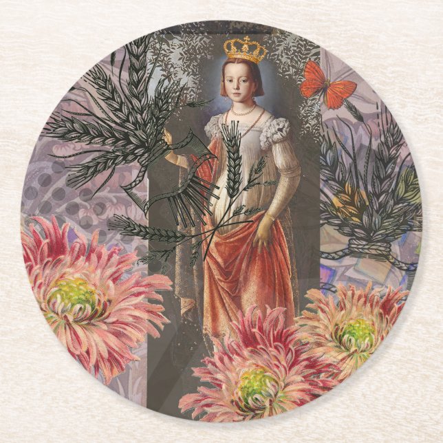 Virgo Woman Portrait Antique Colourful Rich Round Paper Coaster (Front)