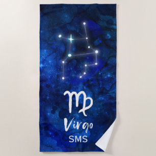 Virgo Zodiac Constellation Blue Galaxy Monogram Beach Towel