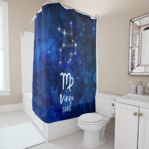 Virgo Zodiac Constellation Blue Galaxy Monogram Shower Curtain