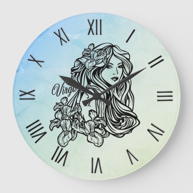 Virgo Zodiac Misty w Roman Numerals Large Clock (Front)