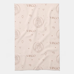 Virgo Zodiac Pattern in Brown and Burgundy Tea Towel