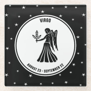 Virgo Zodiac Sign, Black & White Glass Coaster