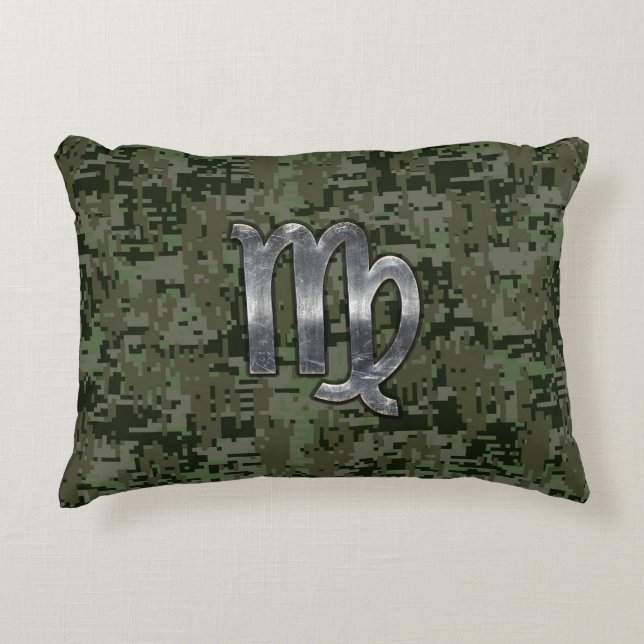 Virgo Zodiac Sign on Green Digital Camo Decorative Cushion (Front)