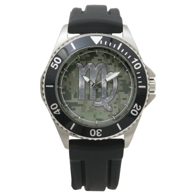 Virgo Zodiac Sign on Green Digital Camo Style Watch (Front)