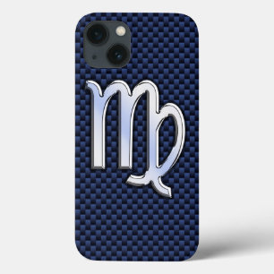 Virgo Zodiac Sign on Navy Blue Carbon Fibre Print iPhone 13 Case
