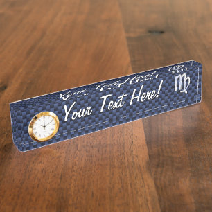 Virgo Zodiac Sign on Navy Blue Carbon Fibre Print Nameplate