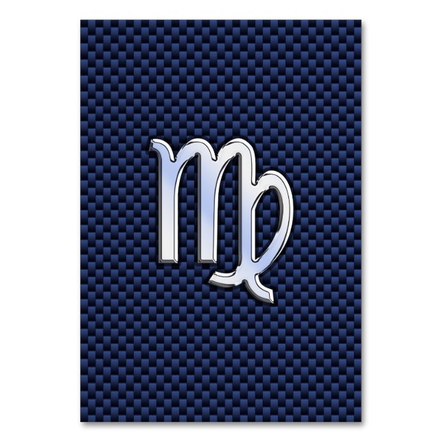 Virgo Zodiac Sign on Navy Blue Carbon Fibre Print Table Number (Front)