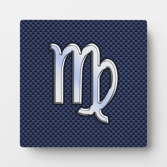 Virgo Zodiac Sign on Navy Blue Carbon Fibre Style Plaque (Front)