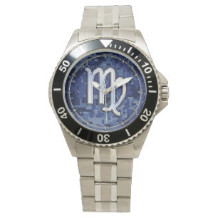 Virgo Zodiac Sign on Navy Blue Digital Camo Decor Watch
